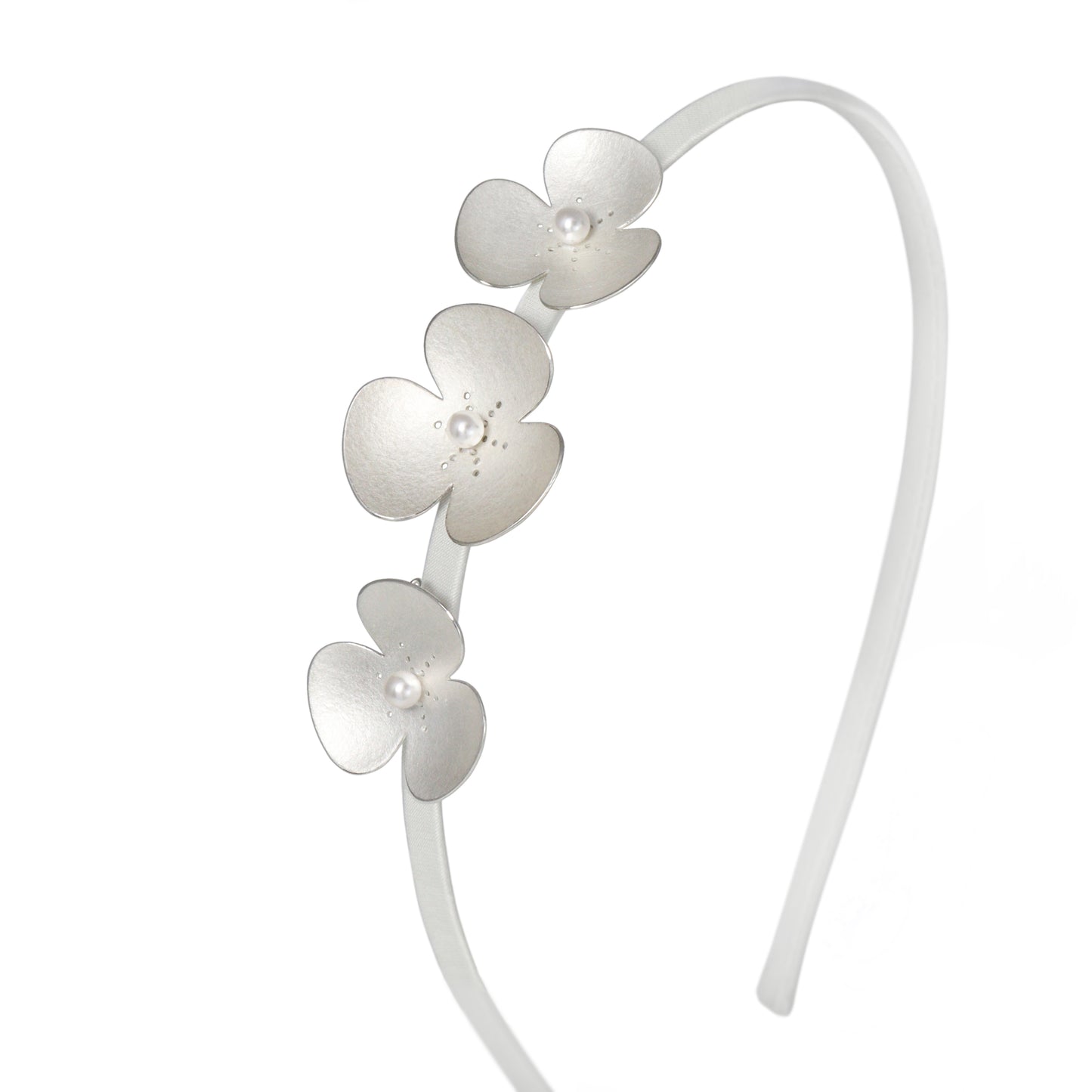 Three Silver and Pearl Poppies on satin headband, which instantly become a jewellery set
