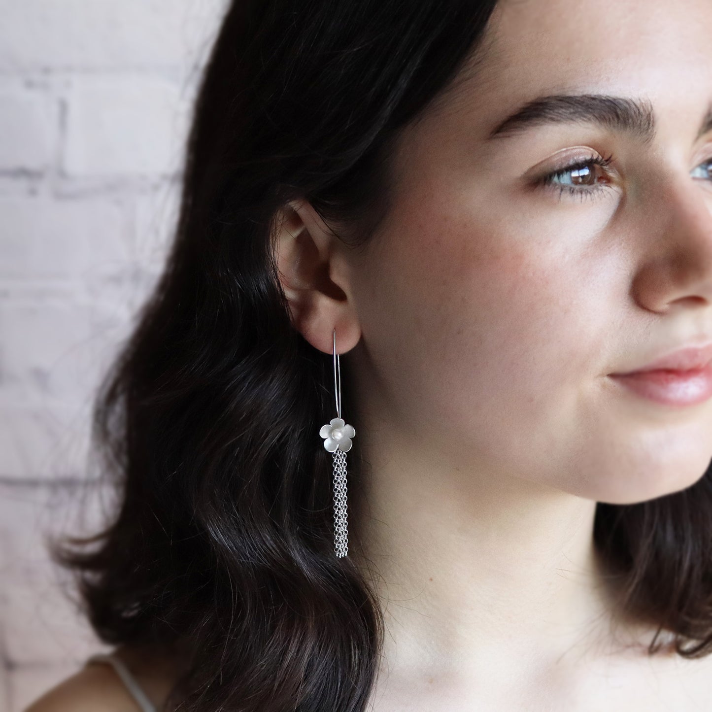 Large Silver Blossom with Crystal Pearls Long Earrings with removal chain tassels