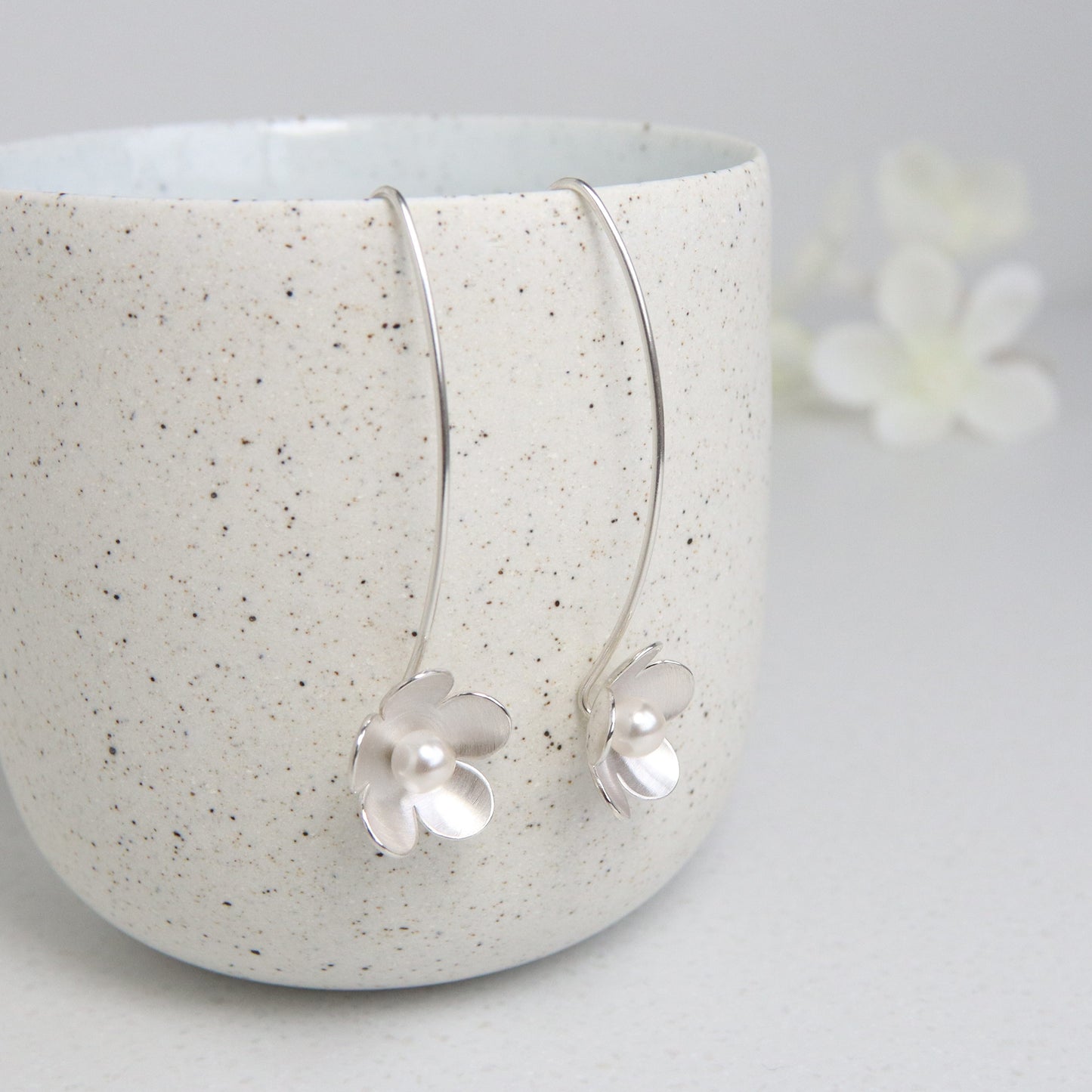 Large Silver Blossom with Crystal Pearls Long Earrings