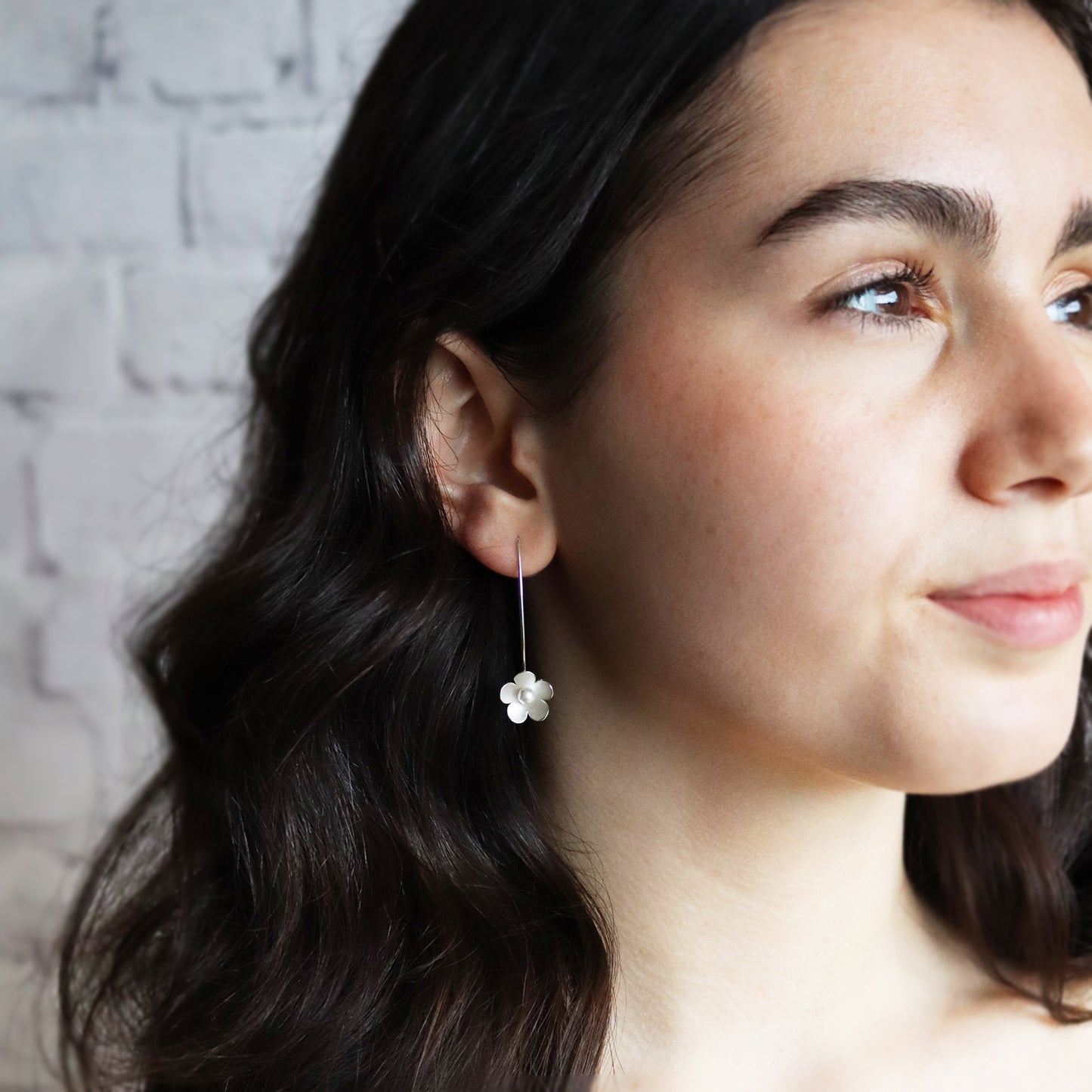Large Silver Blossom with Crystal Pearls Long Earrings