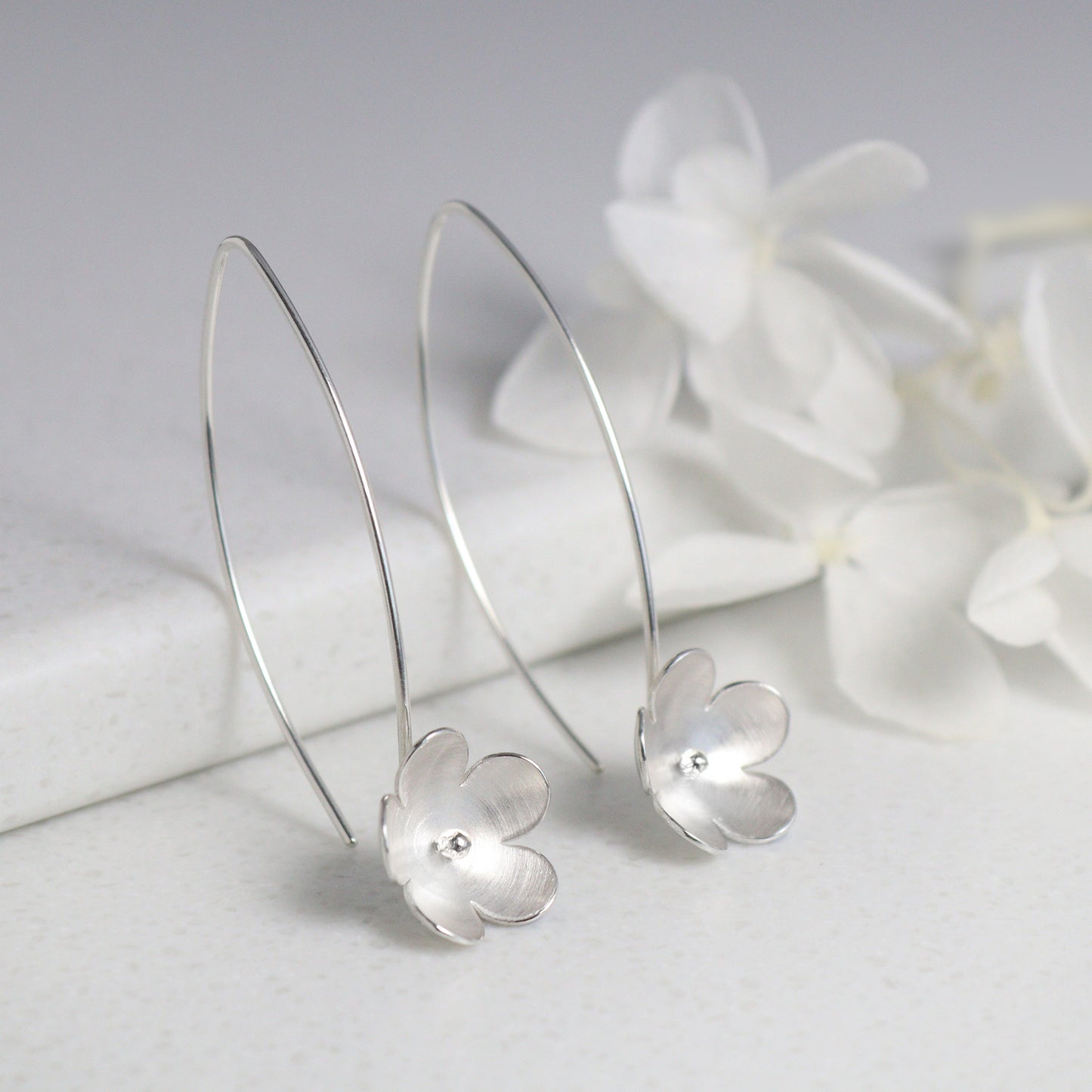 Large Silver Blossom Long Earring