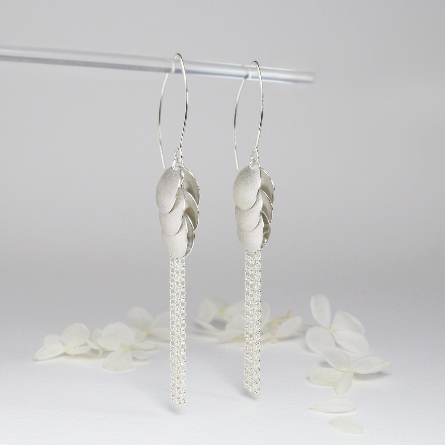 Silver Large Cascading petal long tassel earrings