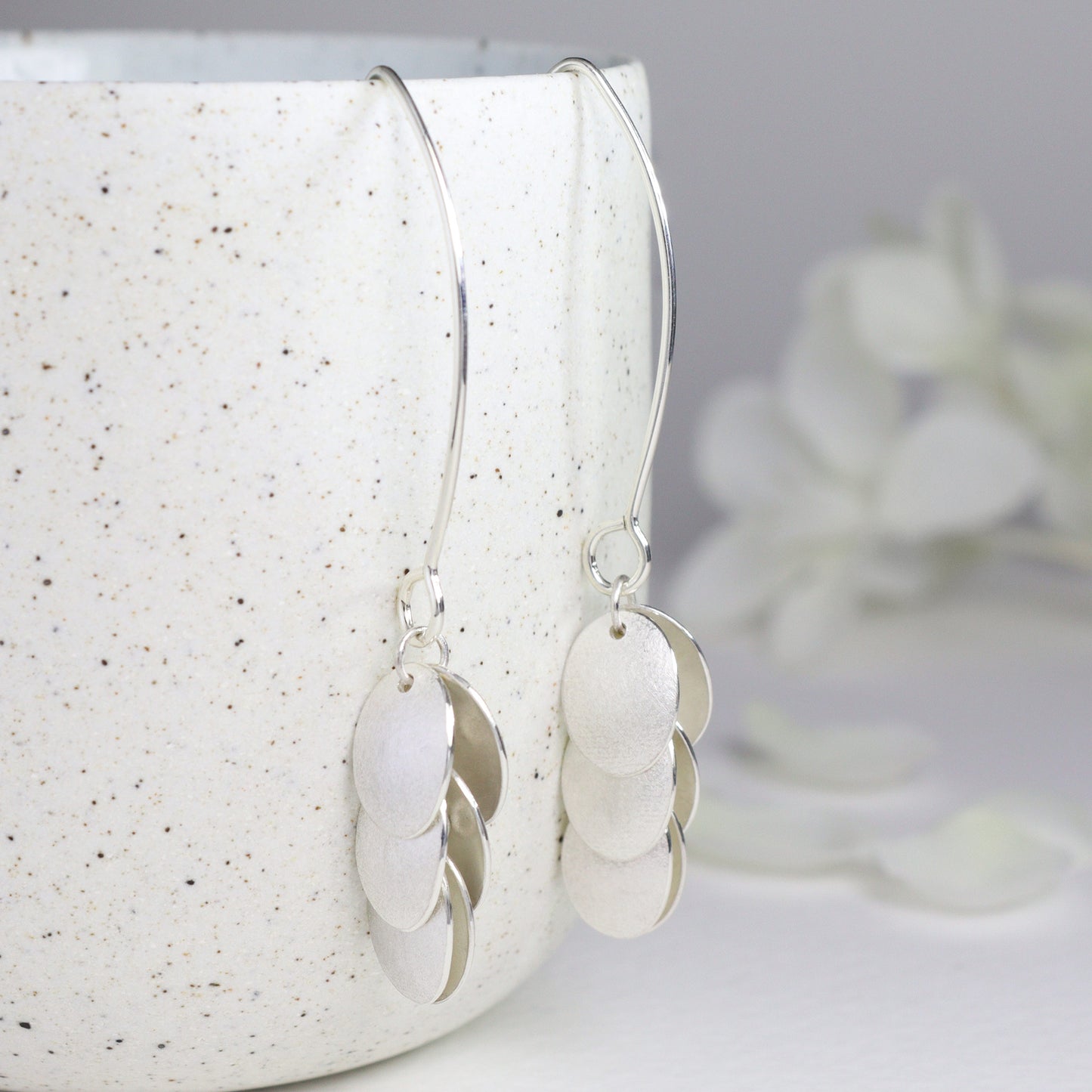 Silver Triple Layer Small Petal Long earrings