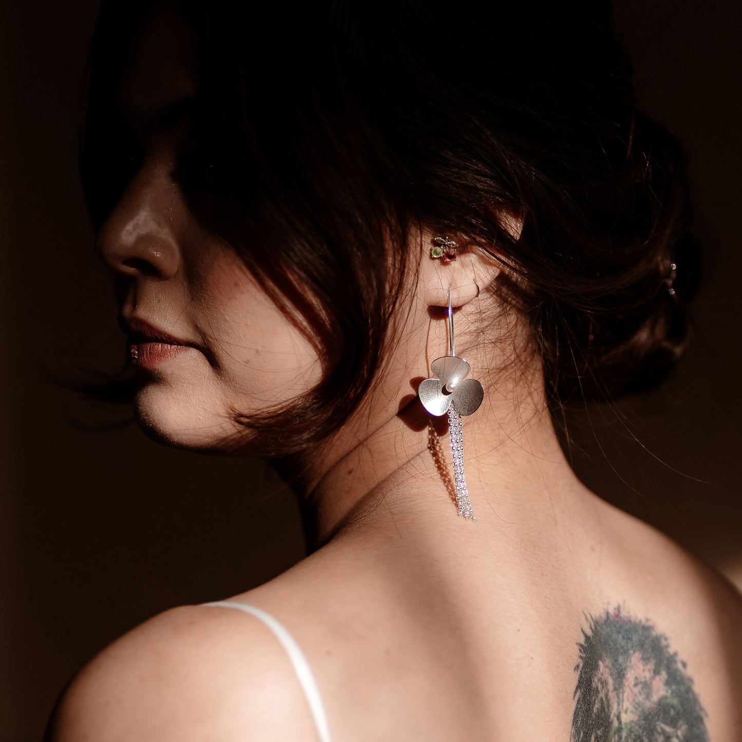 Silver poppy and crystal pearl long earrings