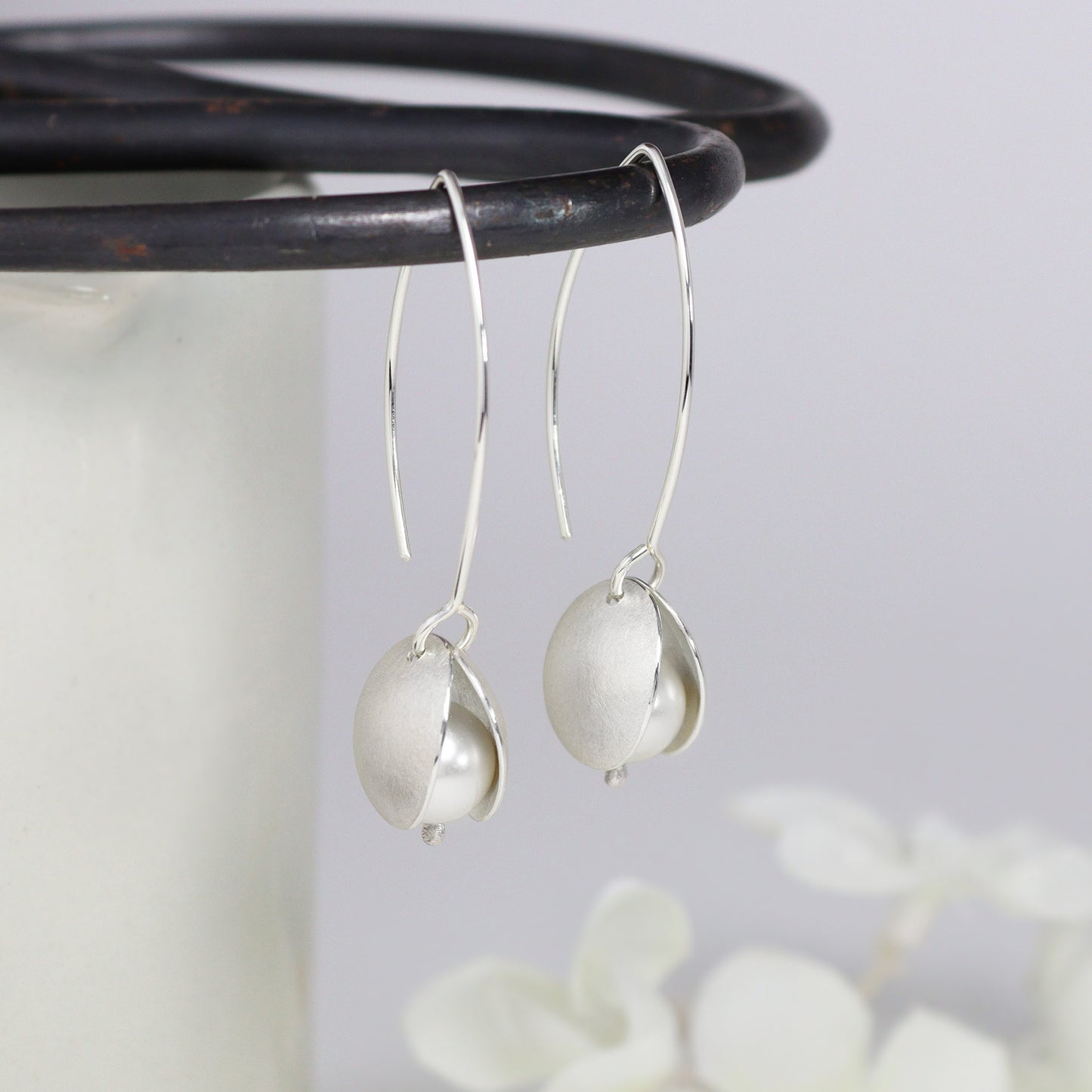 Silver and crystal pearl large petal long earrings