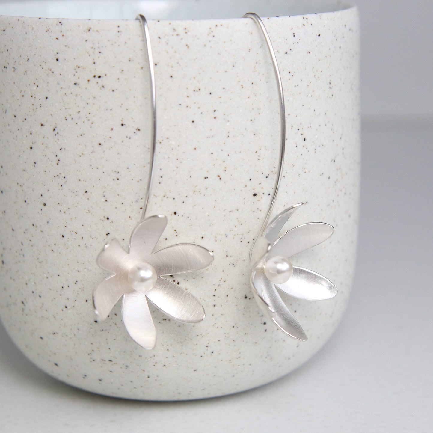 Silver and Pearl Daisy long earrings