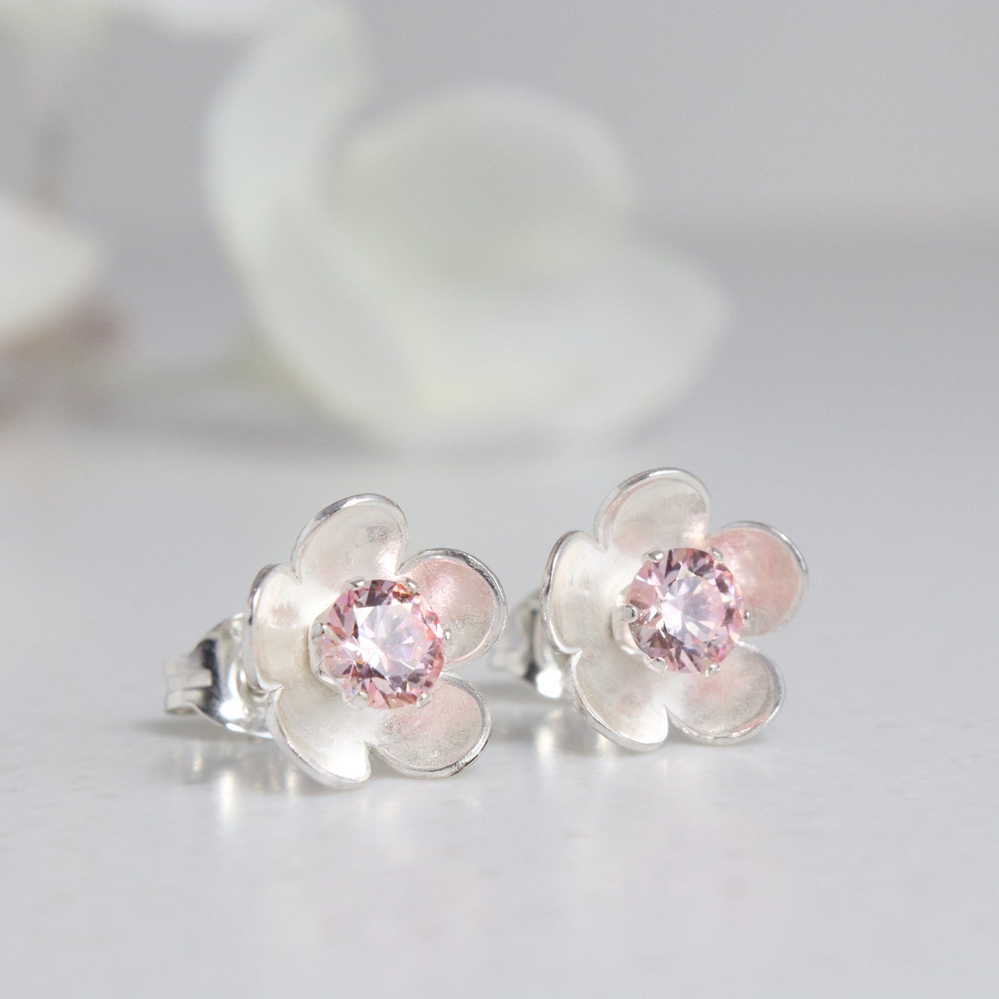 silver flower stud earrings with choice of birthstone