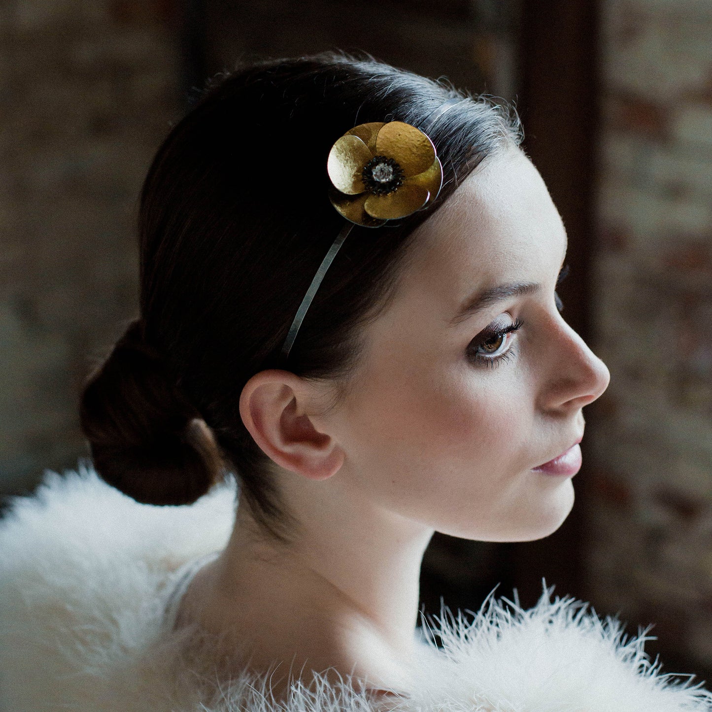 Large Gold and Oxidised Silver Poppy headband, can become a pendant