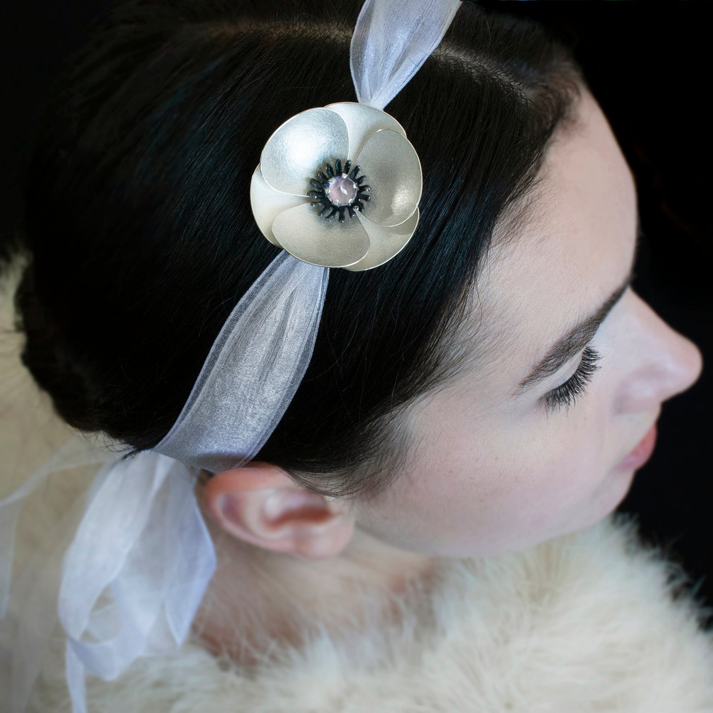 Large Silver Poppy Ribbon headband, transforms into a pendant