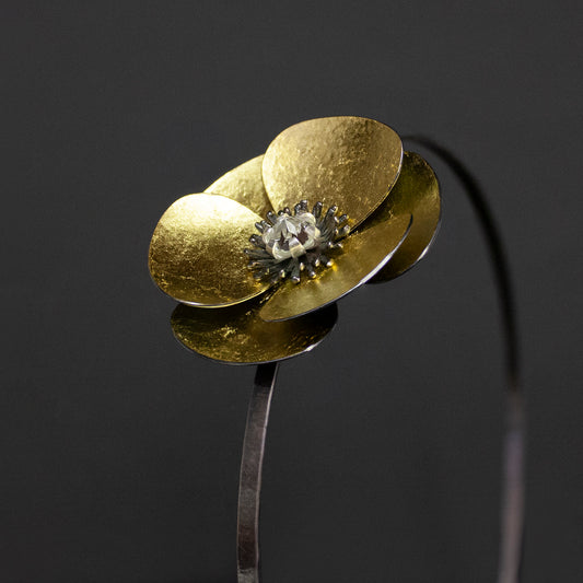 Large Gold and Oxidised Silver Poppy headband, can become a pendant