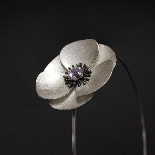 Large Silver Poppy headband, can become a pendant