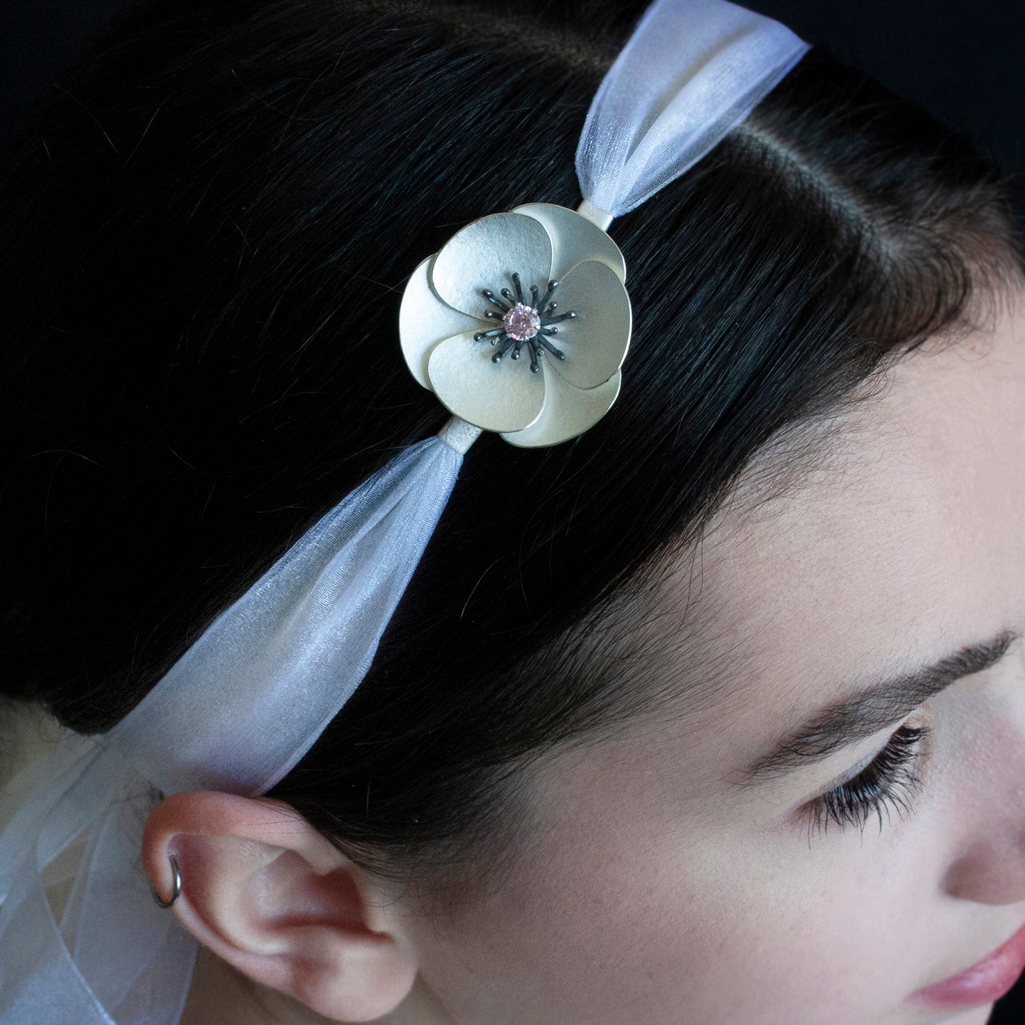 Medium Silver Poppy Ribbon headband, transforms into a pendant