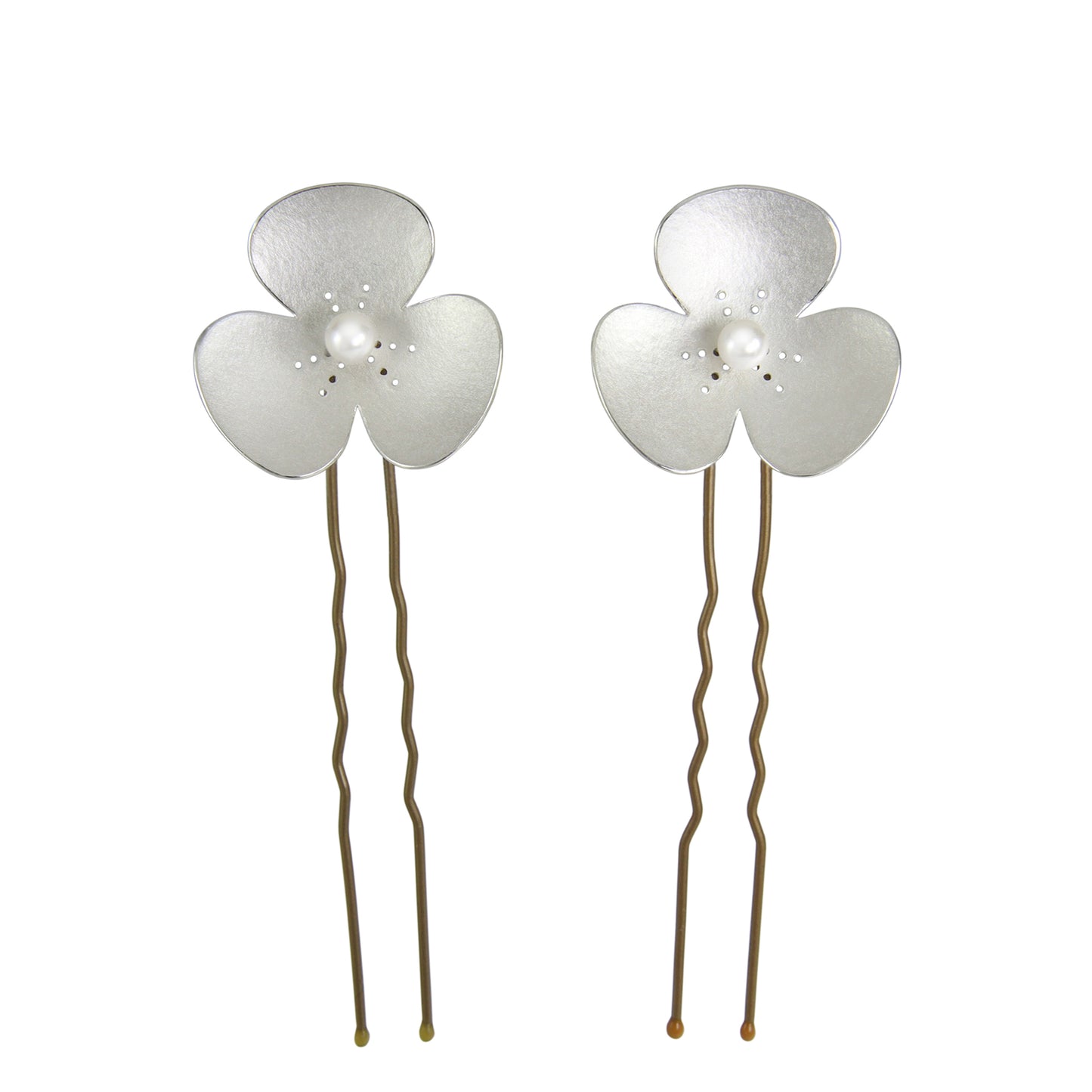 Two Silver and Pearl Poppy hairpins, which instantly convert into earrings