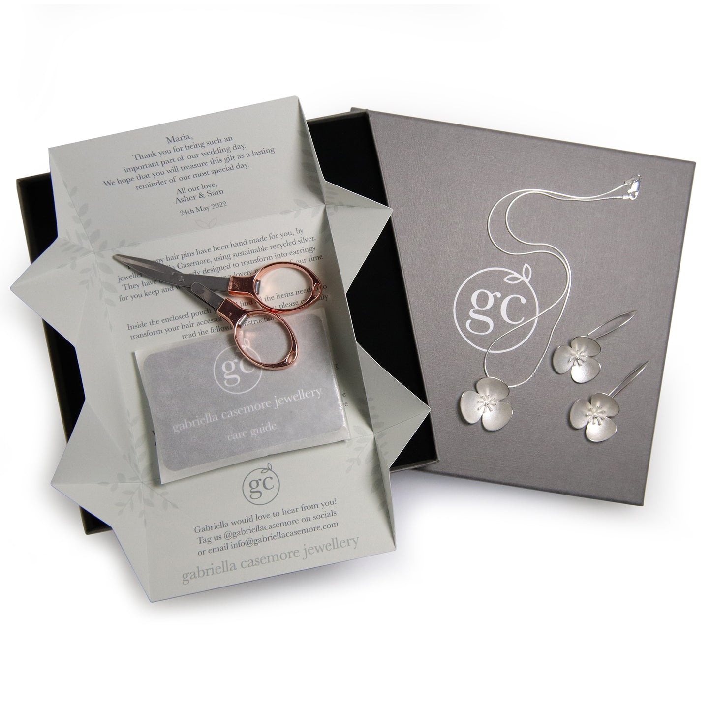 Three Silver Poppy hairpins, which instantly convert to a set of jewellery