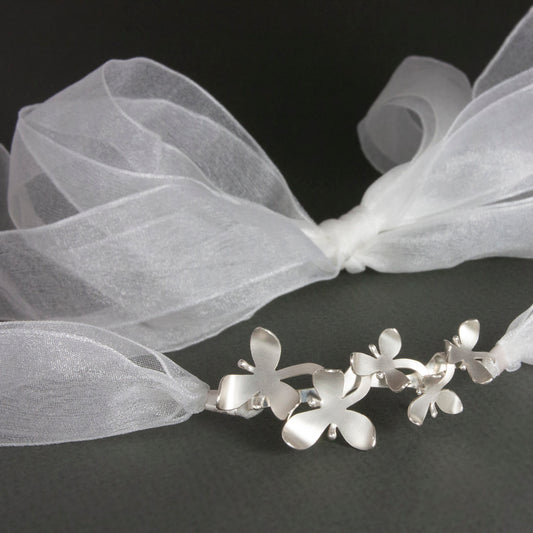 Silver Orchid Flower Ribbon Headband, transforms into a pendant