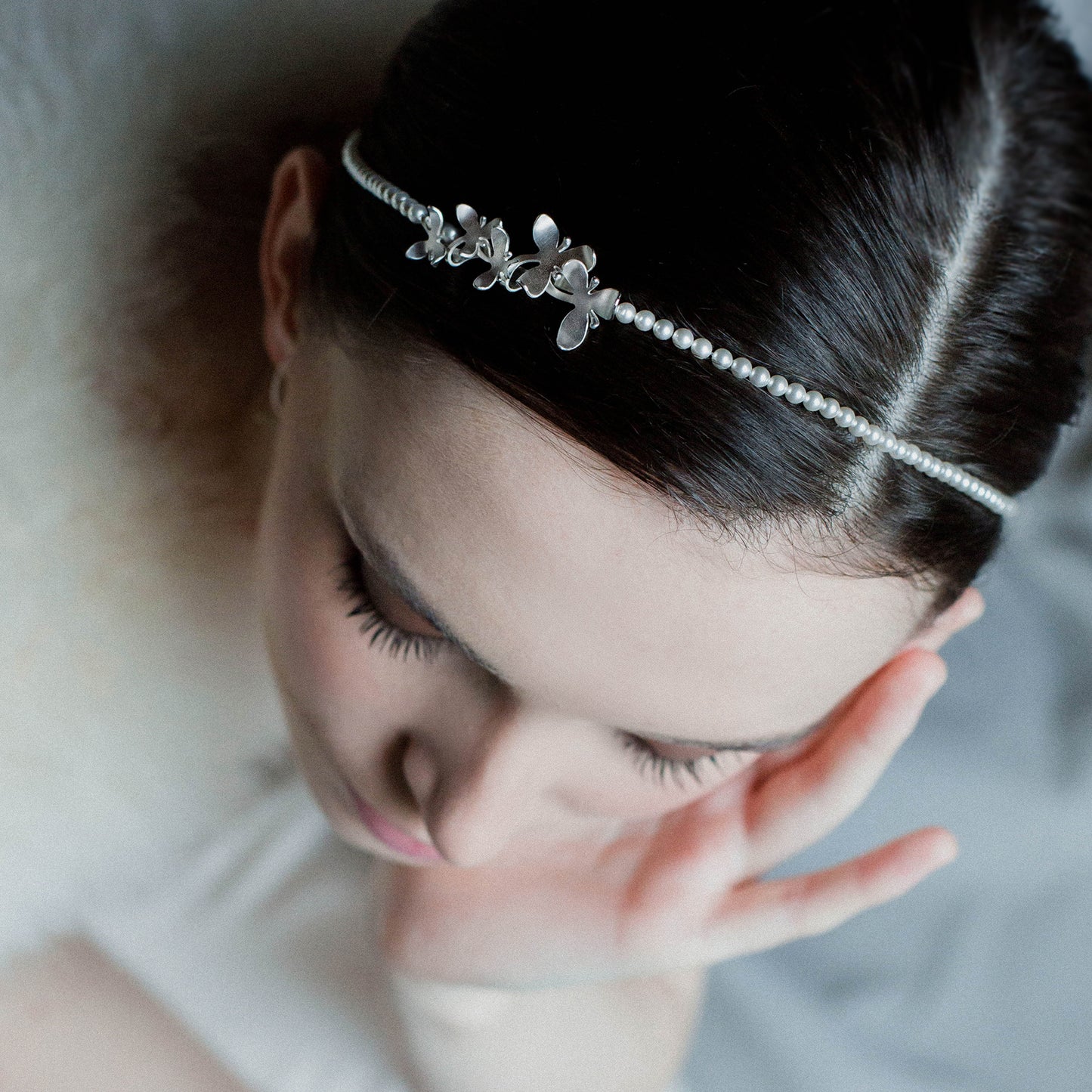 Silver Orchid flowers on pearl soft headband, becomes a pendant