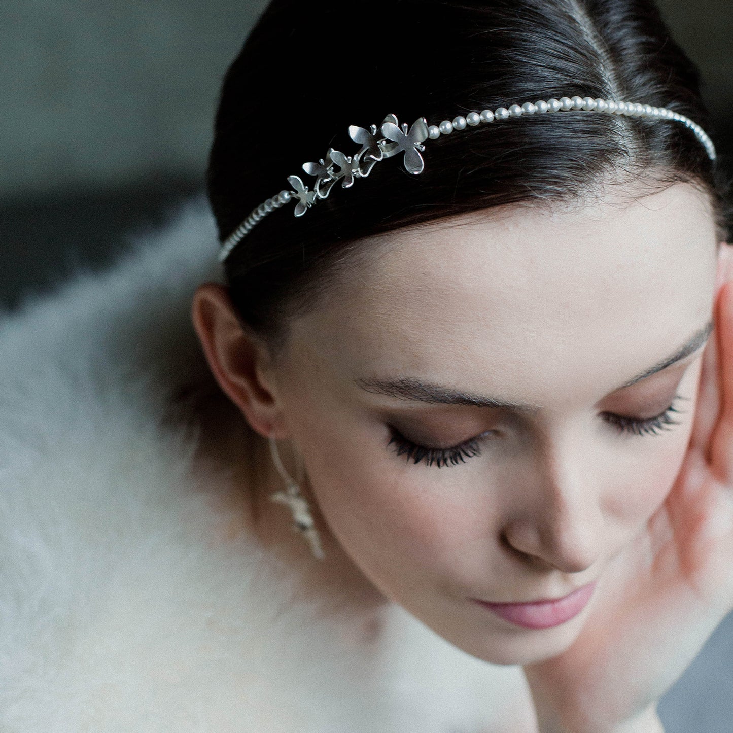 Silver Orchid flowers on pearl soft headband, becomes a pendant