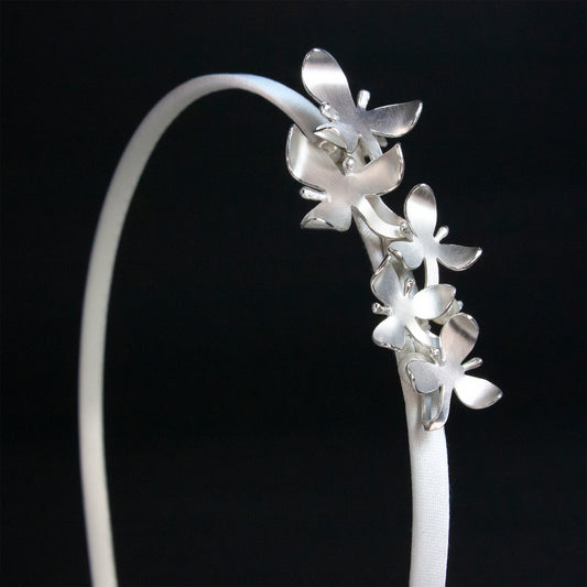 Small Silver Orchid on Bridal Satin covered Headband, becomes a pendant