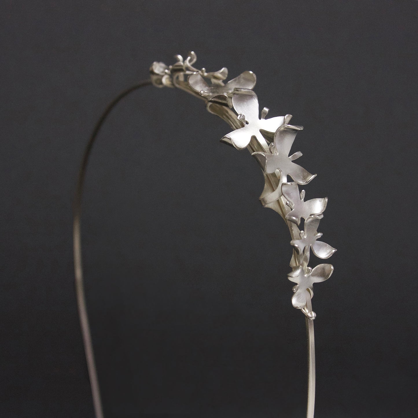 Silver Orchid Bridal Headband, can become a set of four pieces of jewellery
