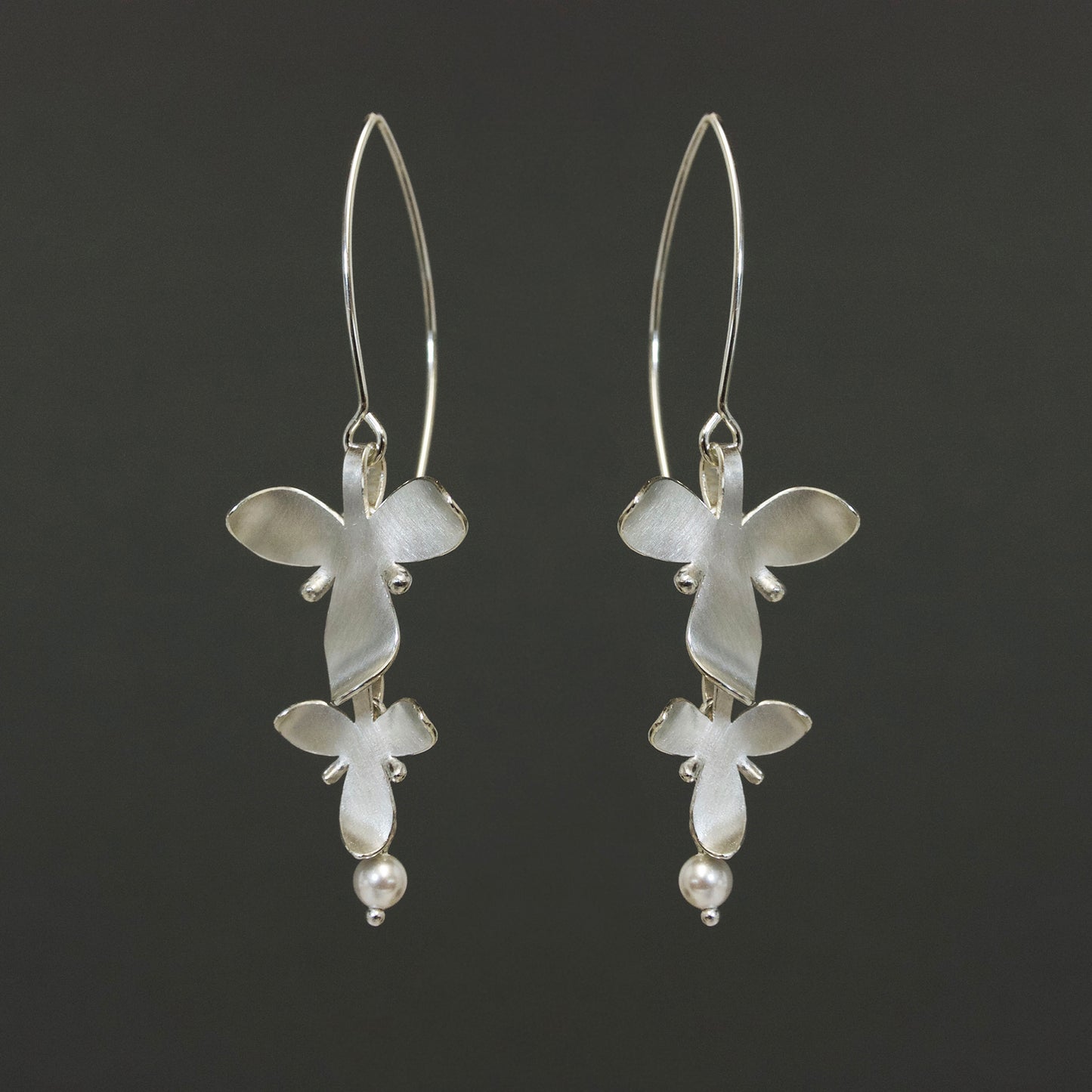 Silver Double Orchid and crystal pearl Long Earrings