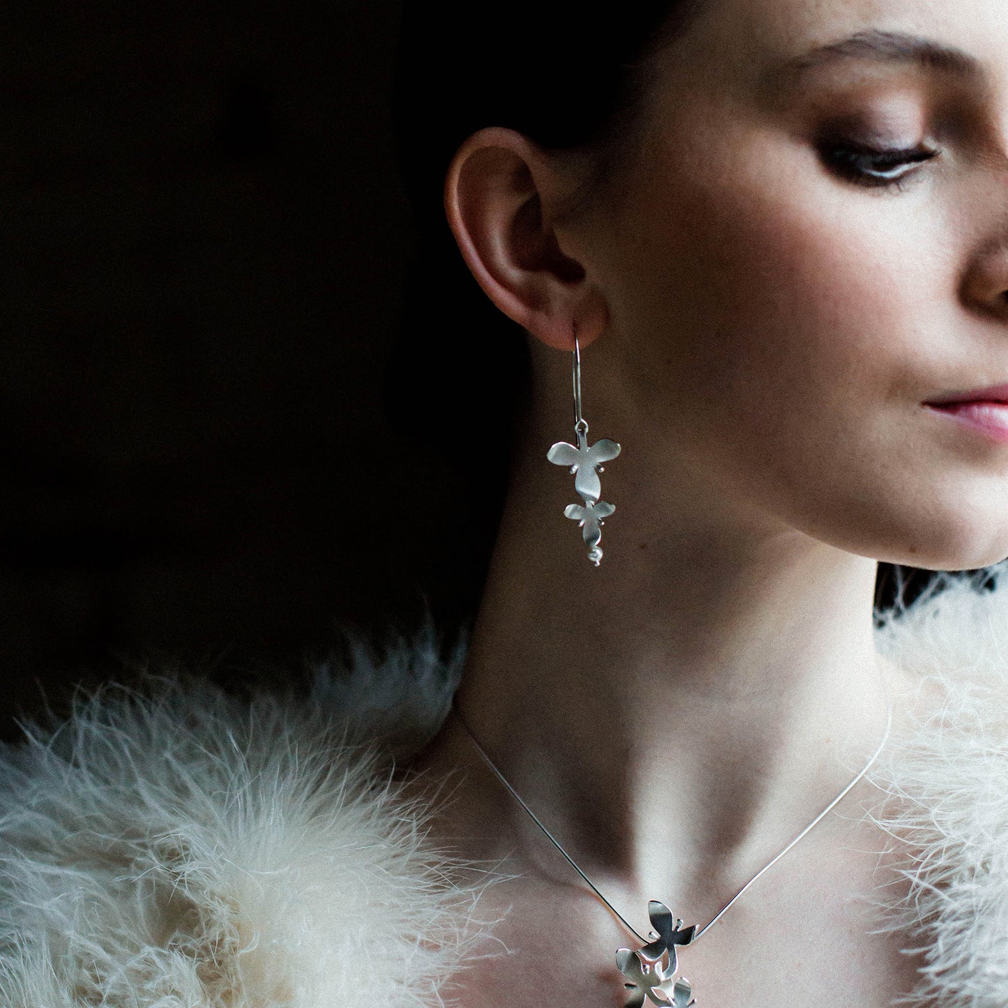 Silver Double Orchid and crystal pearl Long Earrings