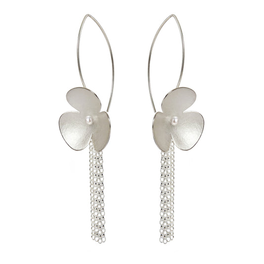 Silver poppy and crystal pearl long earrings