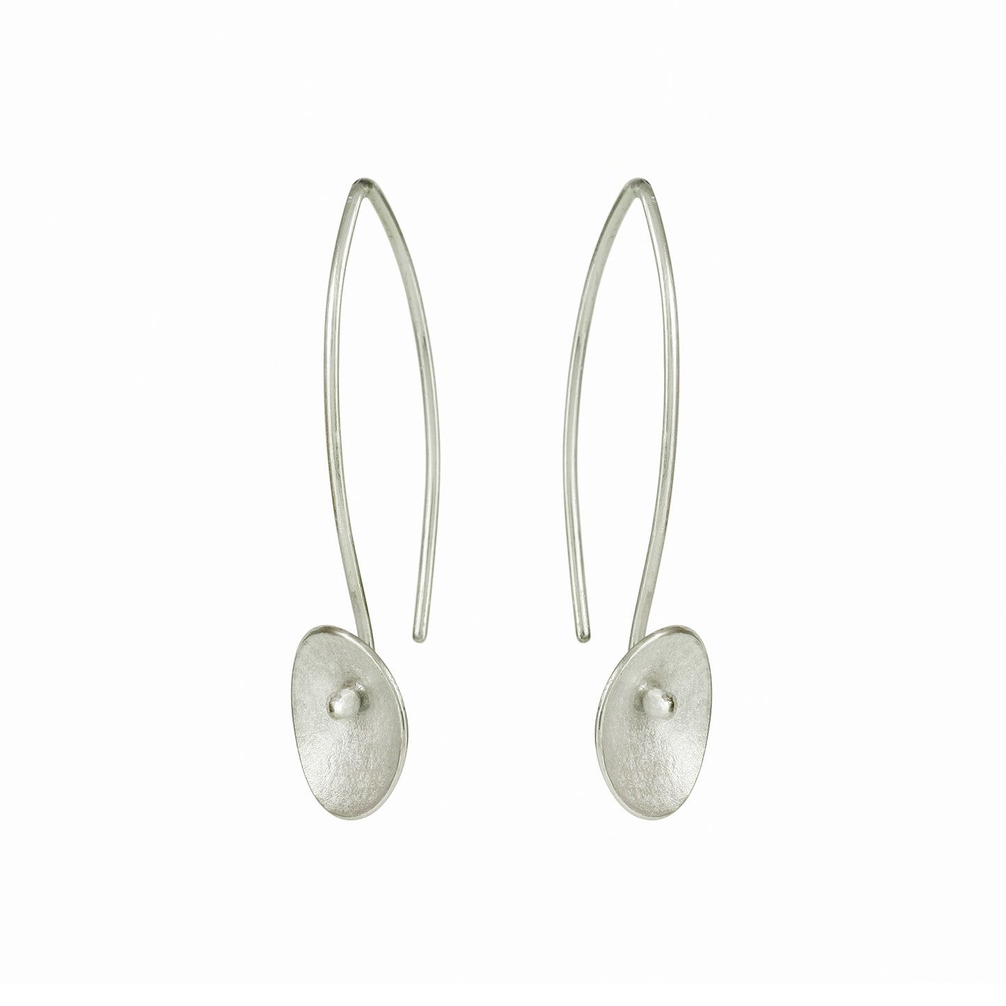 small seed silver long drop earrings on white background
