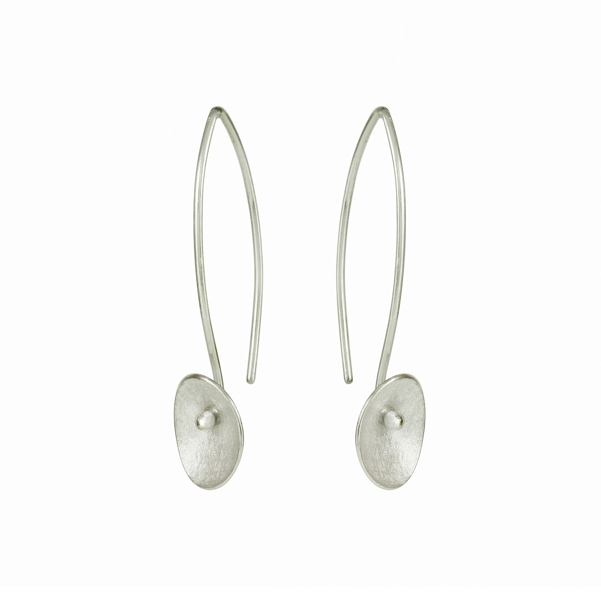 small seed silver long drop earrings on white background