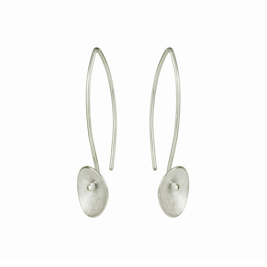 small seed silver long drop earrings on white background