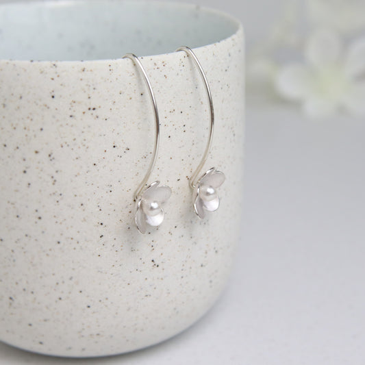 Small Silver Blossom with Crystal Pearl Long Earring