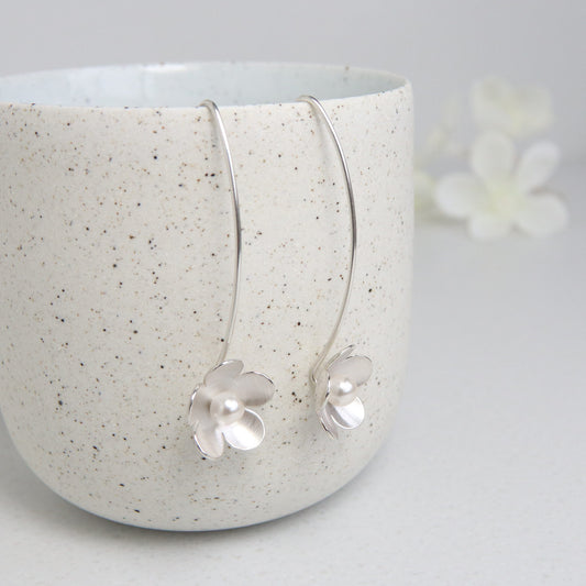 Large Silver Blossom with Crystal Pearls Long Earrings