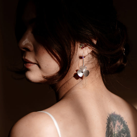 Silver poppy and crystal pearl long earrings