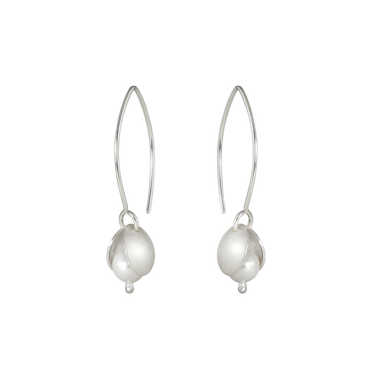 Silver and crystal pearl small petal long earrings