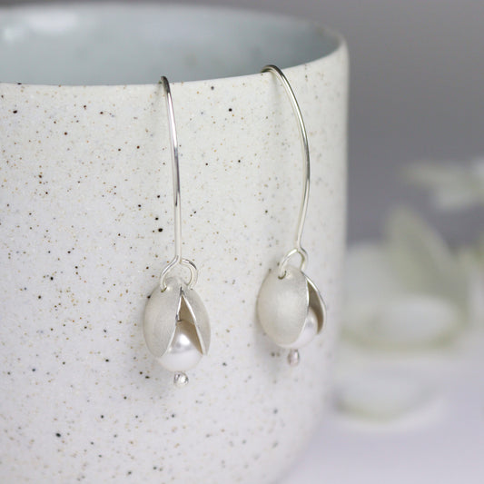 Silver and crystal pearl small petal long earrings