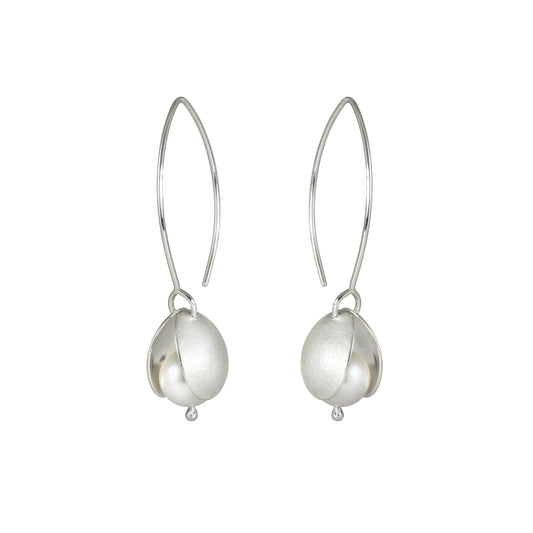 Silver and crystal pearl large petal long earrings