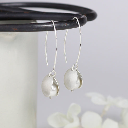 Silver and crystal pearl large petal long earrings