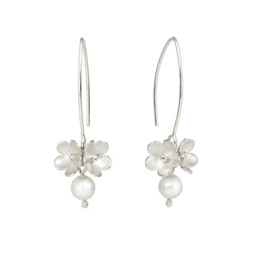 Small silver double blossom with crystal pearls Long Earrings