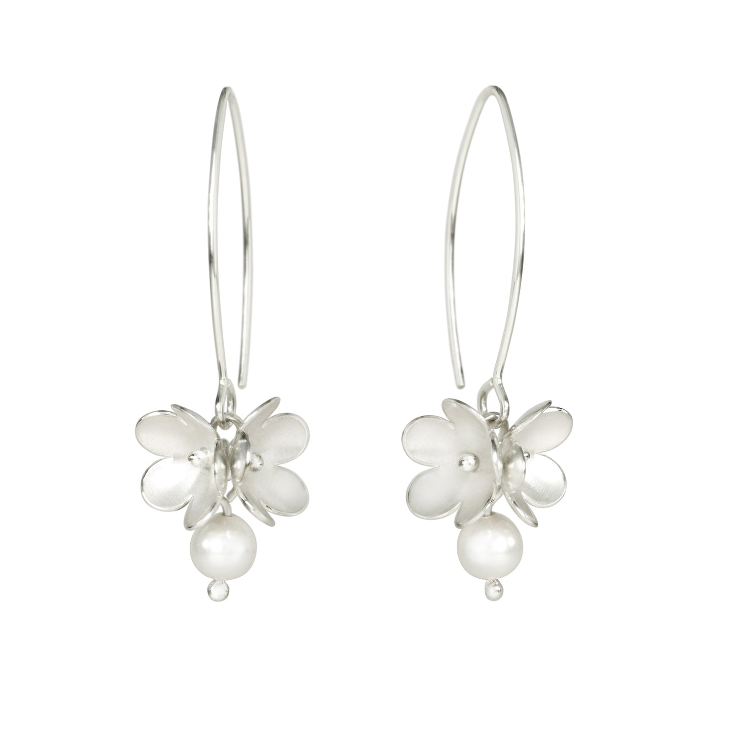 Large silver double blossom with crystal pearls Long Earrings