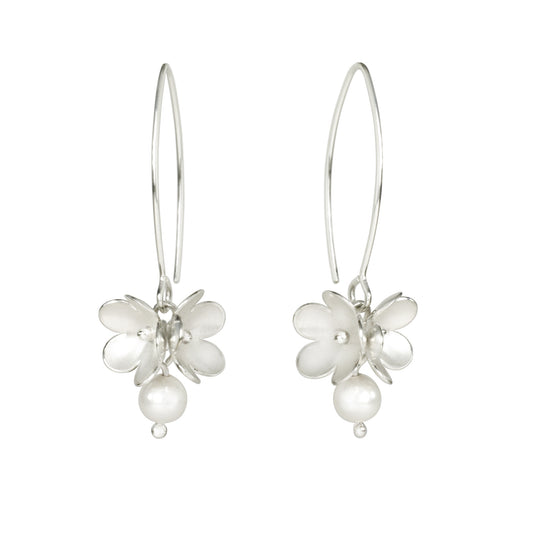 Large silver double blossom with crystal pearls Long Earrings