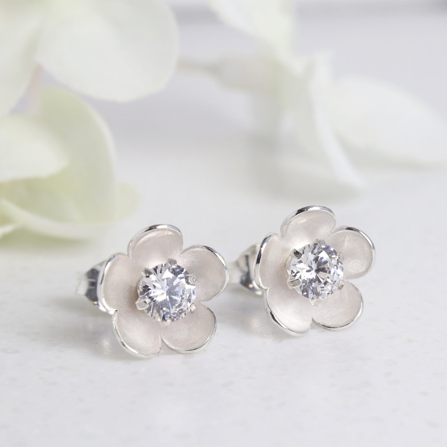 silver flower stud earrings with choice of birthstone