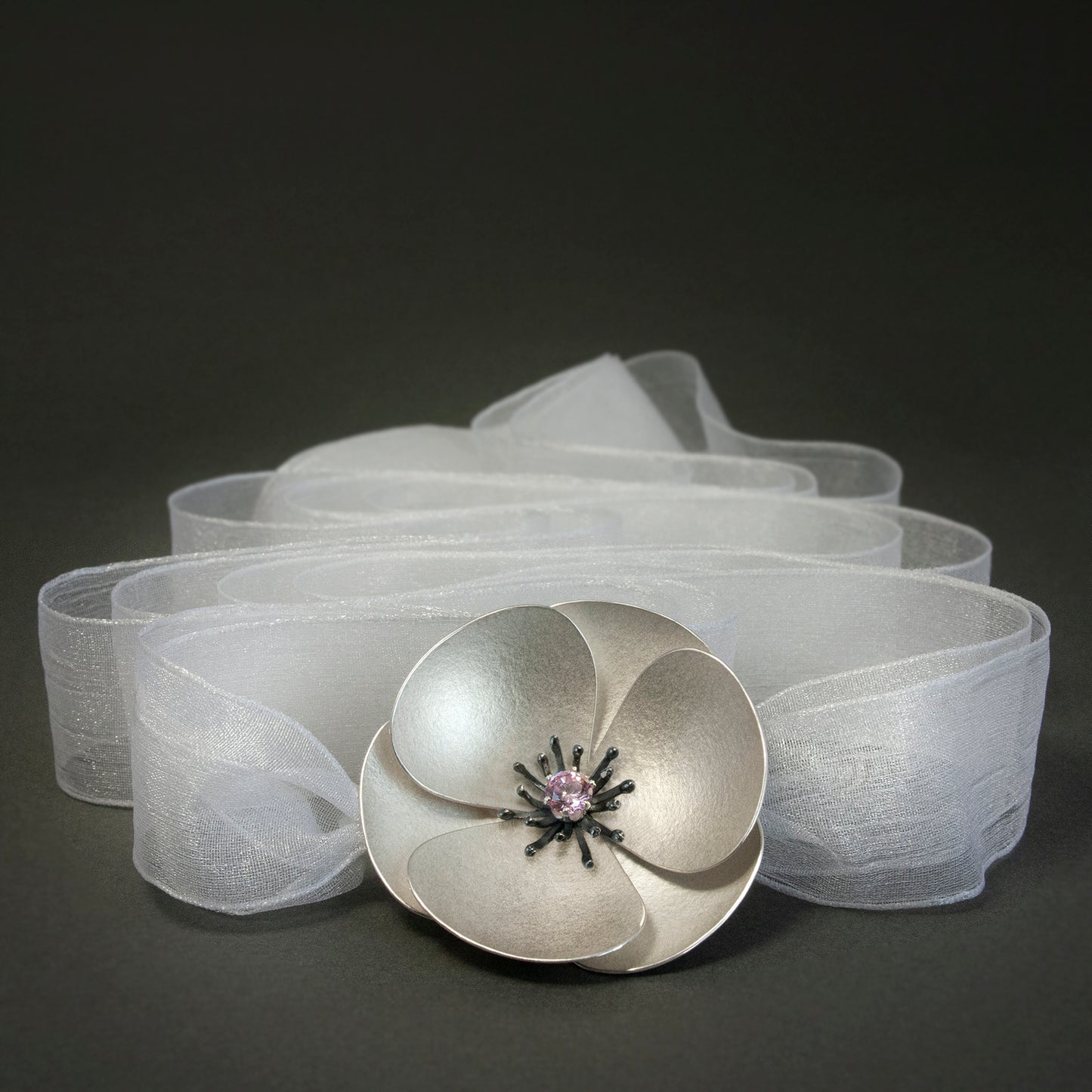 Large Silver Poppy Ribbon headband, transforms into a pendant