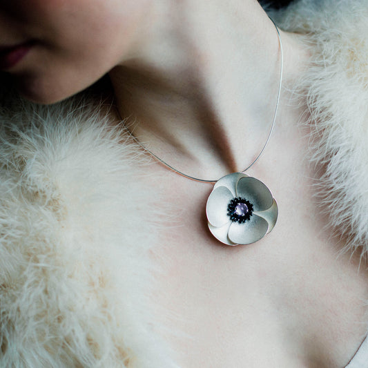 Large Silver Poppy Ribbon headband, transforms into a pendant
