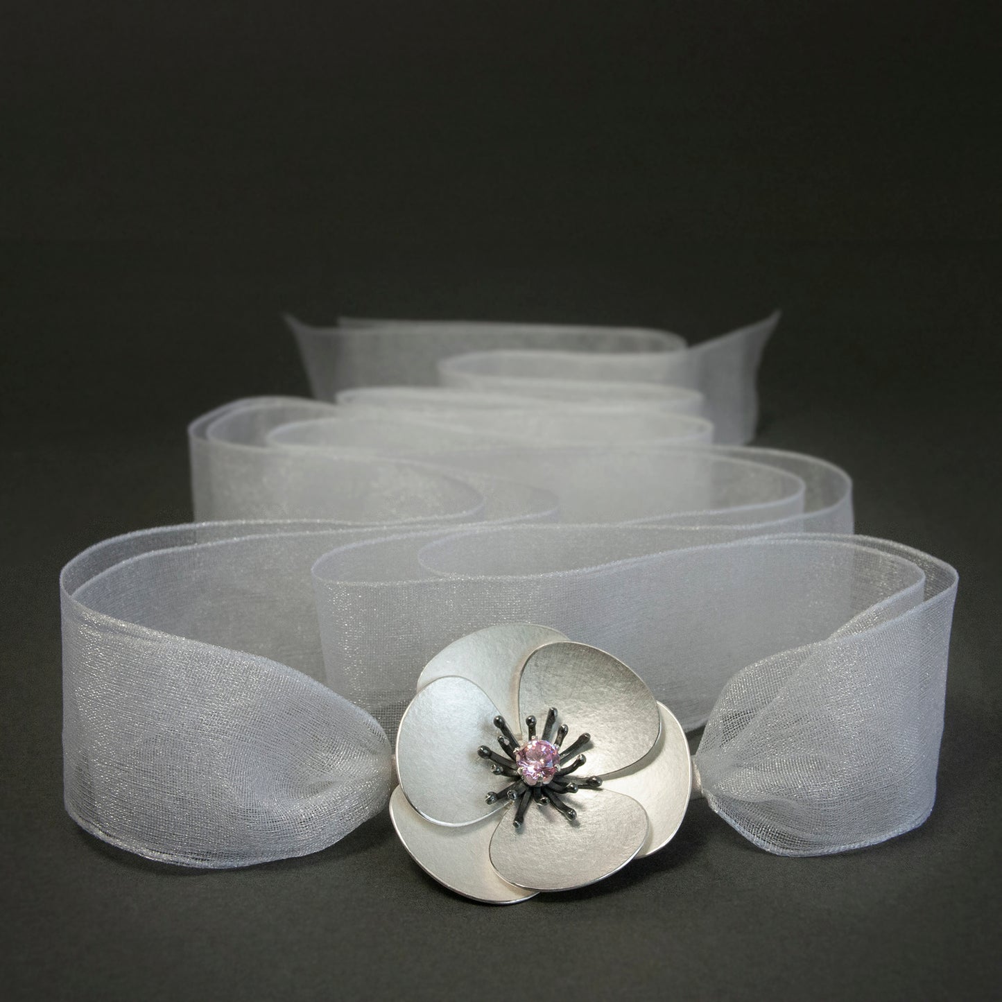 Medium Silver Poppy Ribbon headband, transforms into a pendant