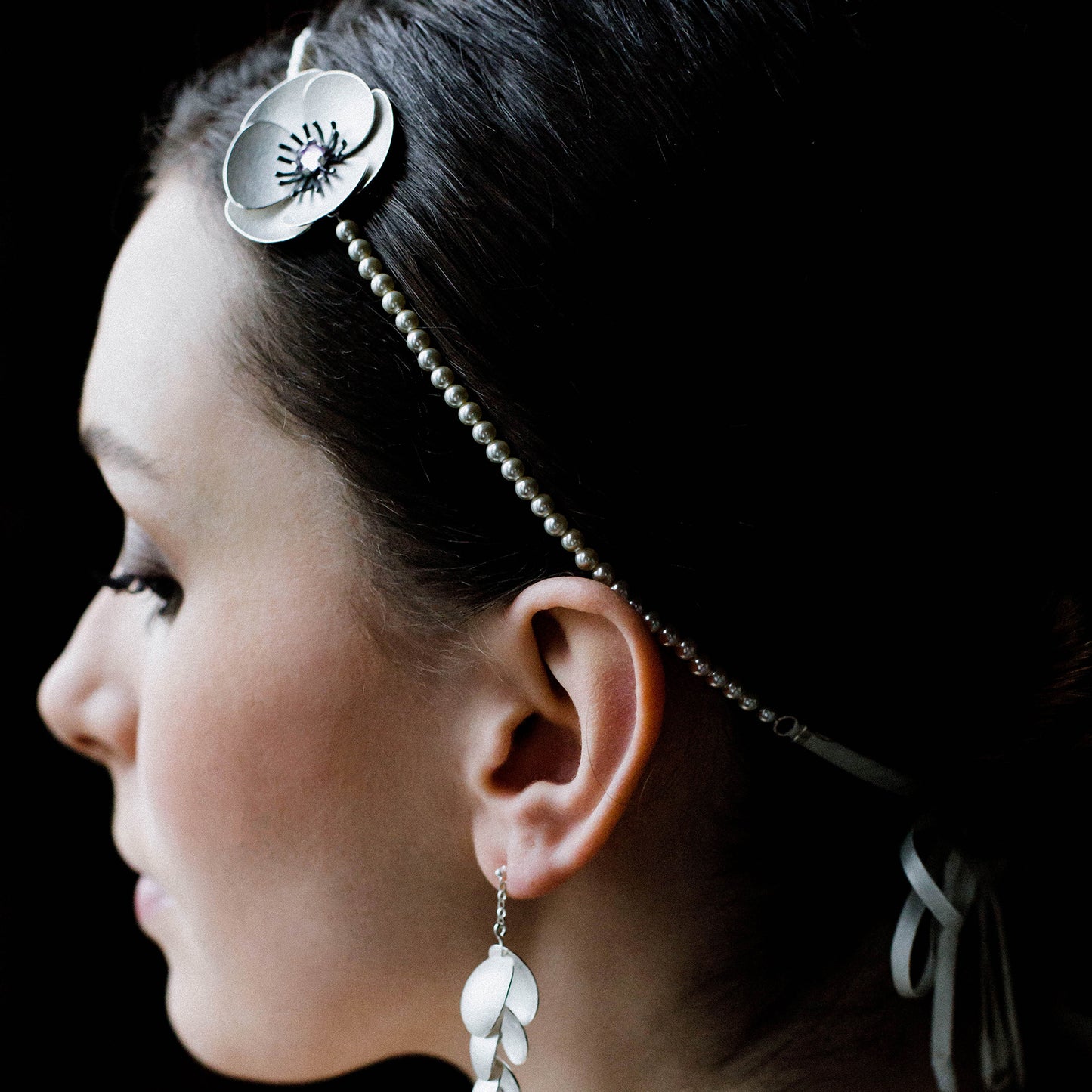 Silver and Crystal Pearl Poppy Bridal headband, converts to a pendant and pearl necklace