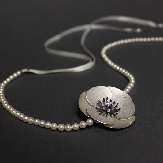 Silver and Crystal Pearl Poppy Bridal headband, converts to a pendant and pearl necklace
