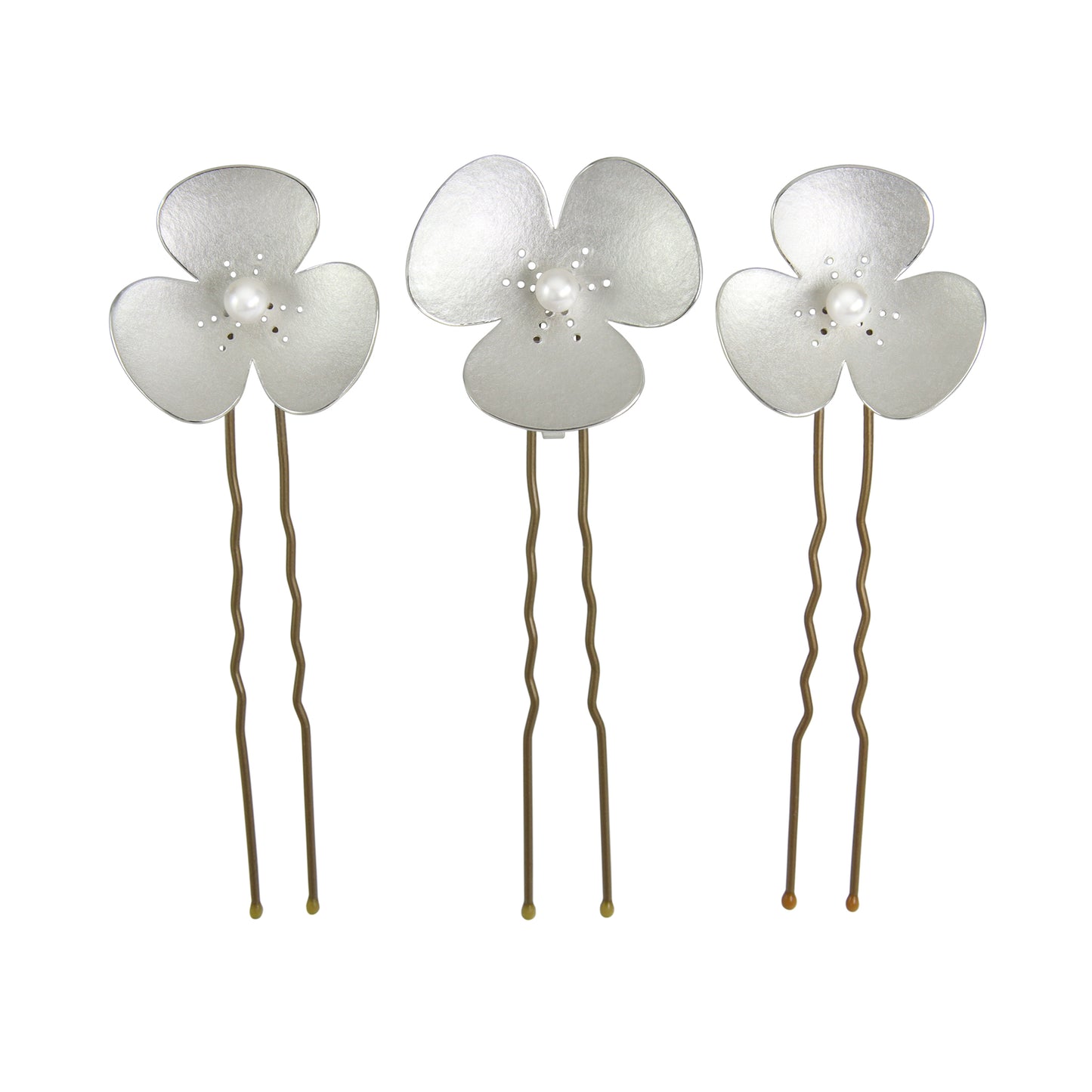 Three Silver and Pearl Poppy hairpins, which instantly convert to a set of jewellery
