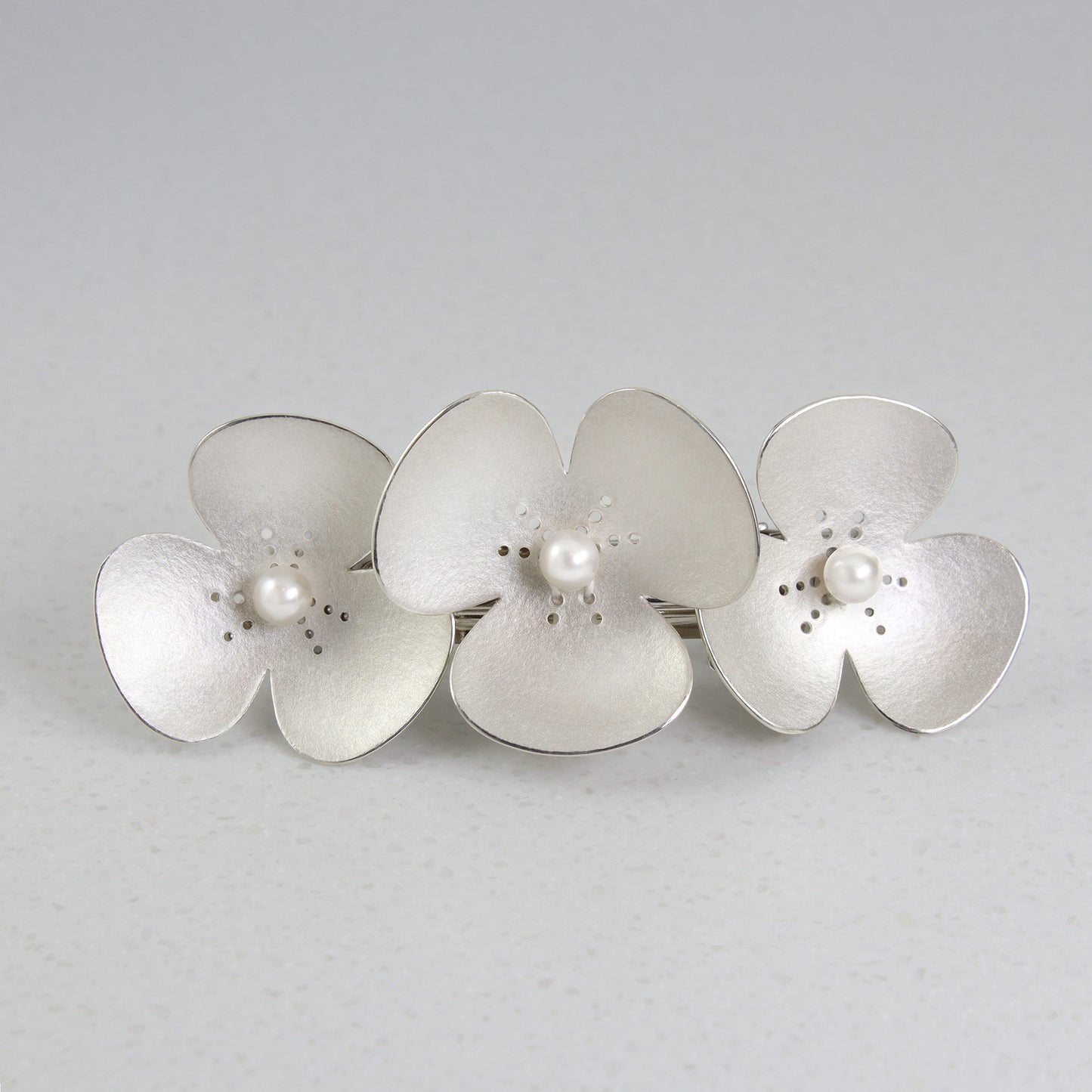 Three Silver and Pearl Poppies Bridal Barette Hairclip, which instantly convert into jewellery