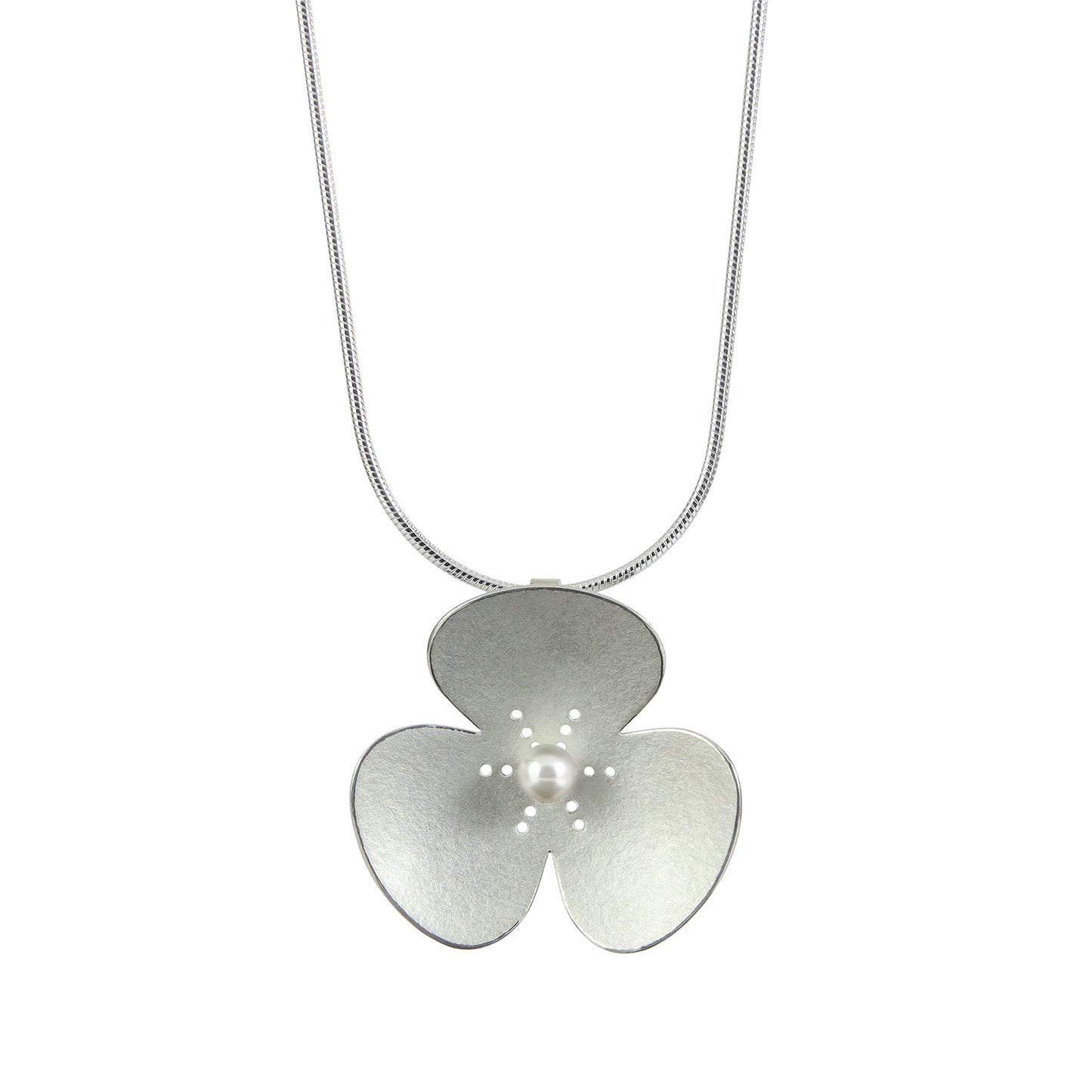 Single Silver and Pearl Poppy hairpin, which becomes a pendant