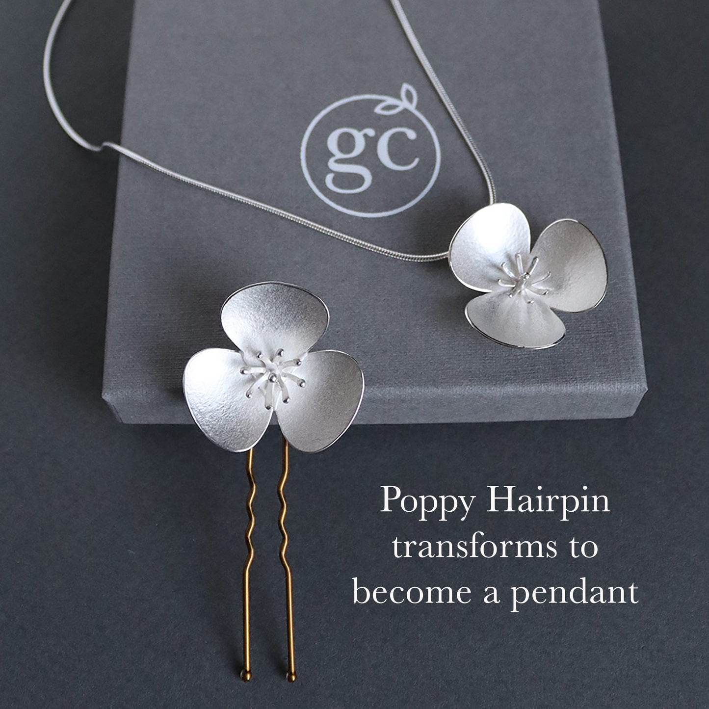 Single Silver Poppy hairpin, which instantly converts in to a pendant