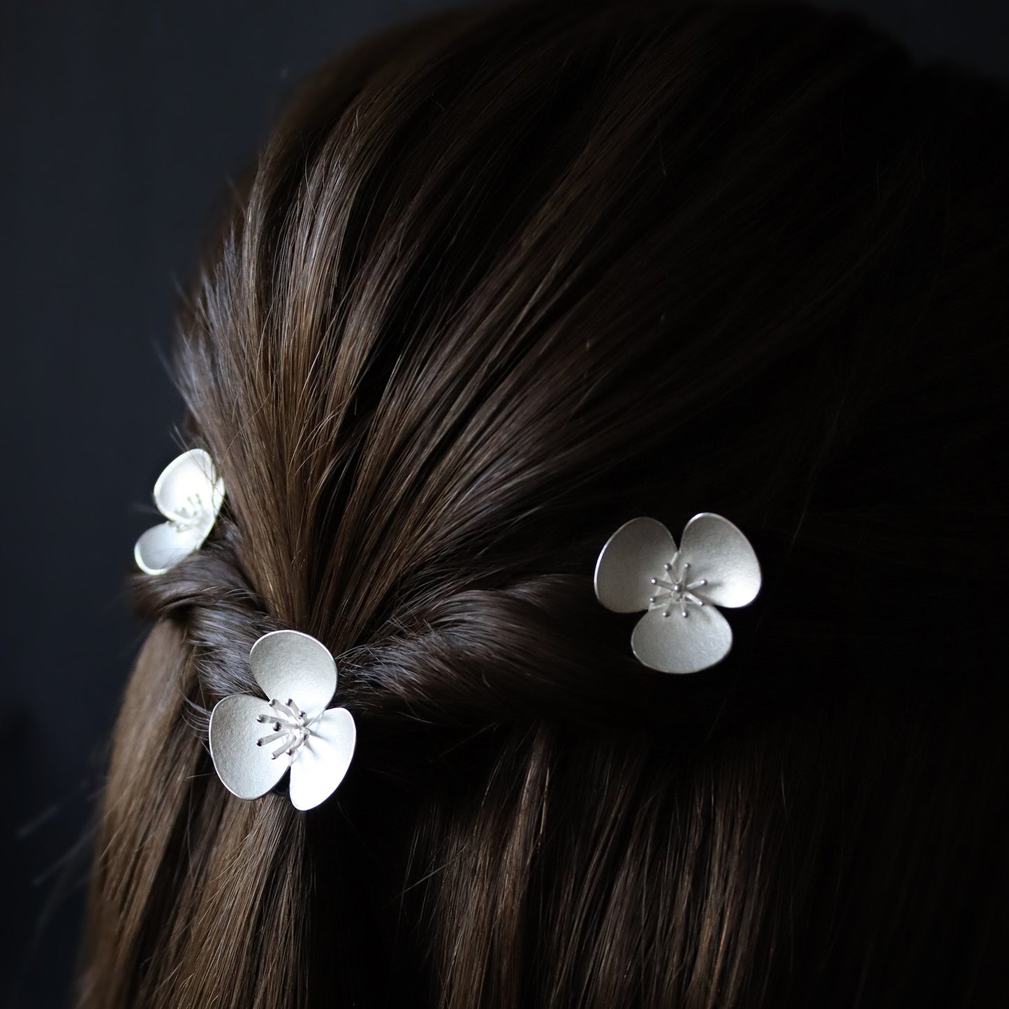 Three Silver Poppy hairpins, which instantly convert to a set of jewellery